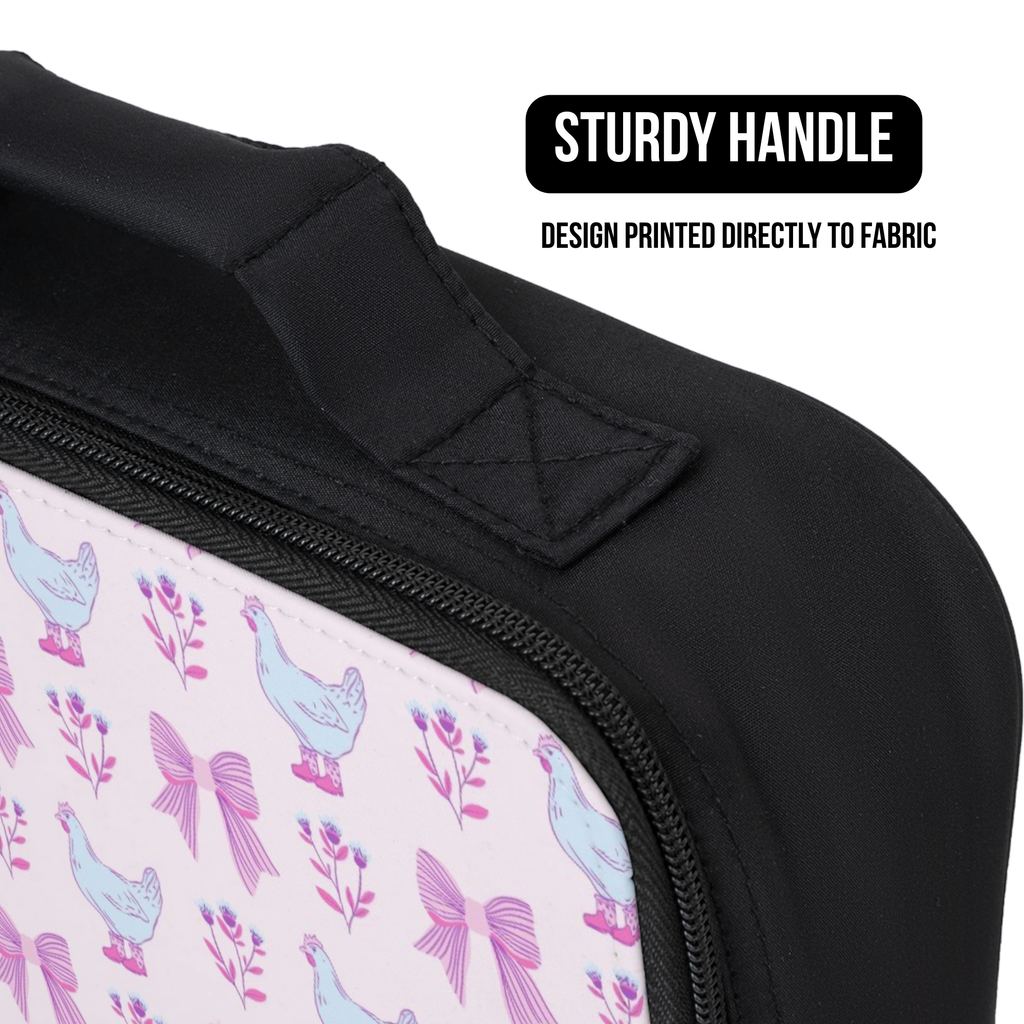 Black lunch bag with a pink and blue chicken pattern and a sturdy handle feature.
