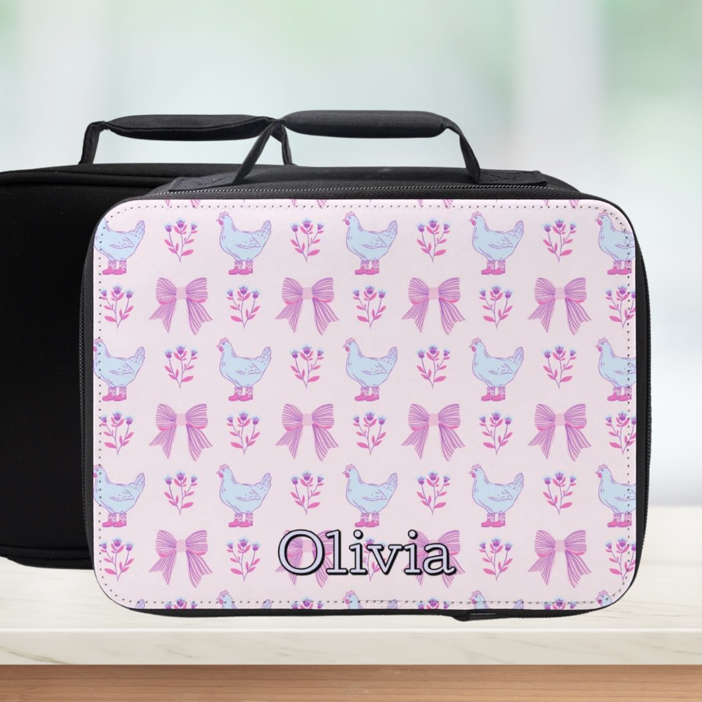Personalized lunch bag with chicken and bow pattern on a light background