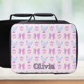 Personalized lunch bag with chicken and bow pattern on a light background