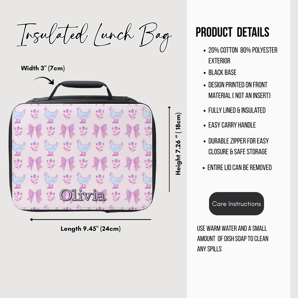Insulated lunch bag with chicken pattern and 'Olivia' branding, featuring product details on a white background.