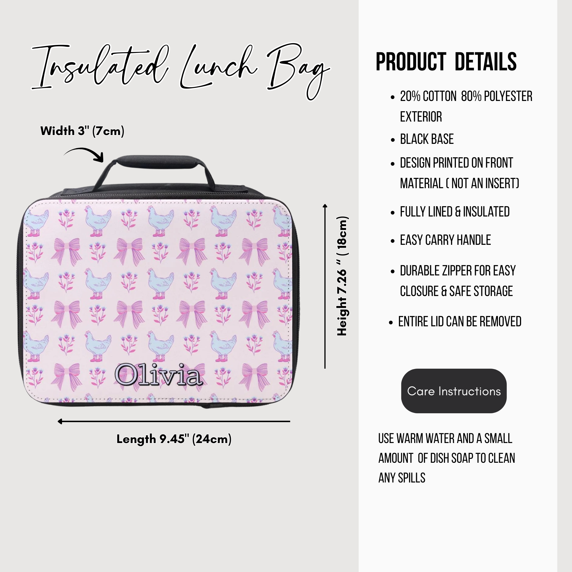 Insulated lunch bag with chicken pattern and 'Olivia' branding, featuring product details on a white background.