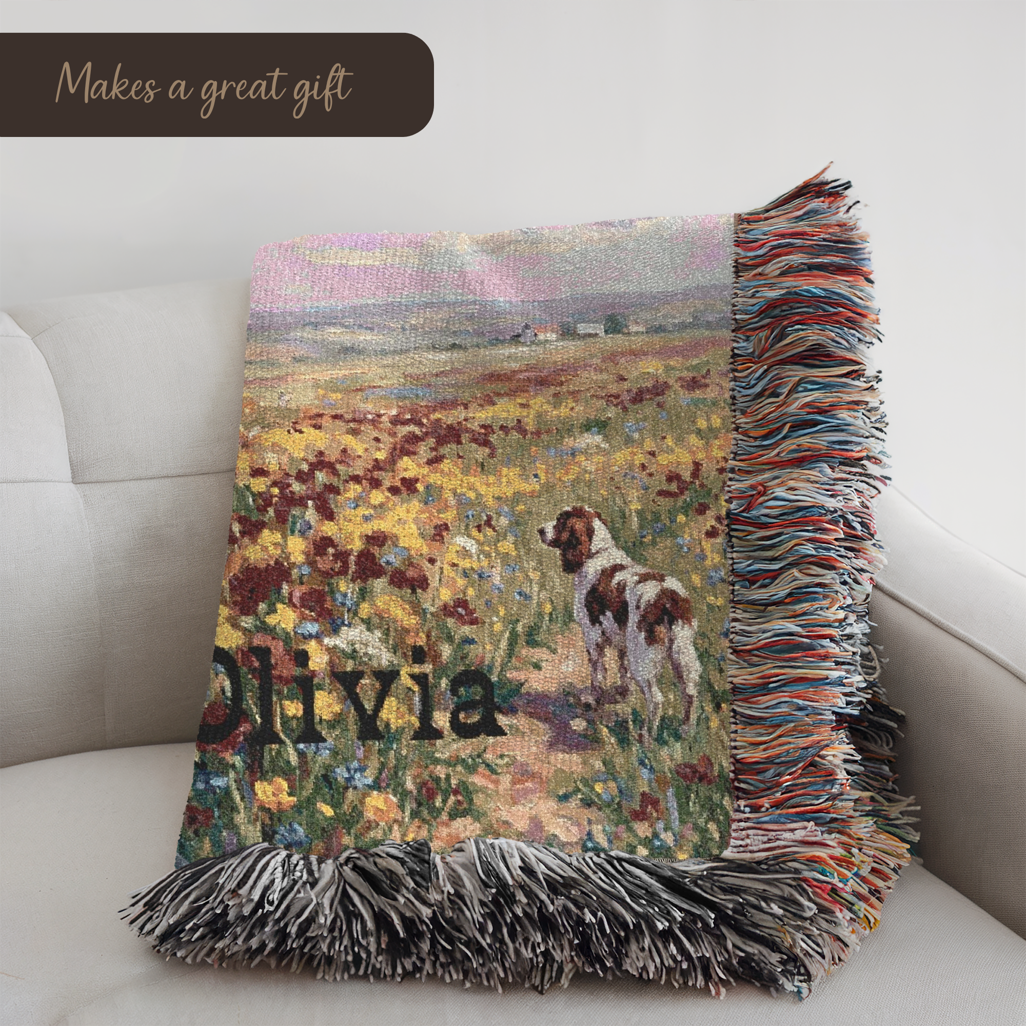 Personalized Springer Spaniel In Wildflowers Woven Blanket | Dog Tapestry Throw