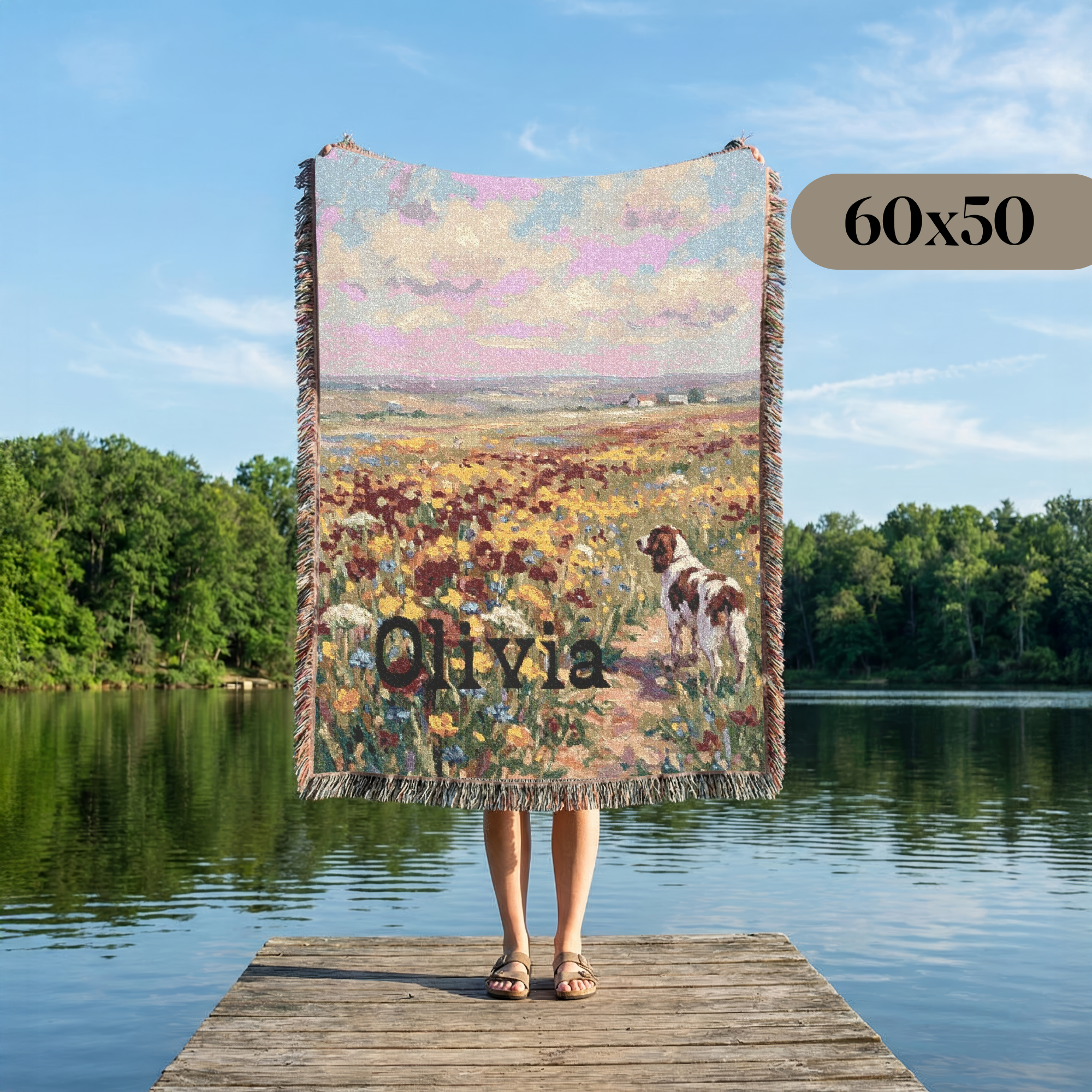 Personalized Springer Spaniel In Wildflowers Woven Blanket | Dog Tapestry Throw
