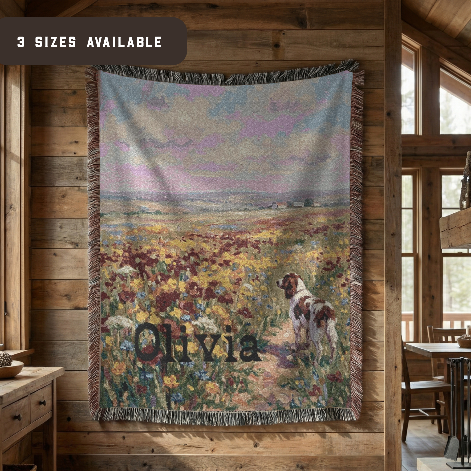 Personalized Springer Spaniel In Wildflowers Woven Blanket | Dog Tapestry Throw