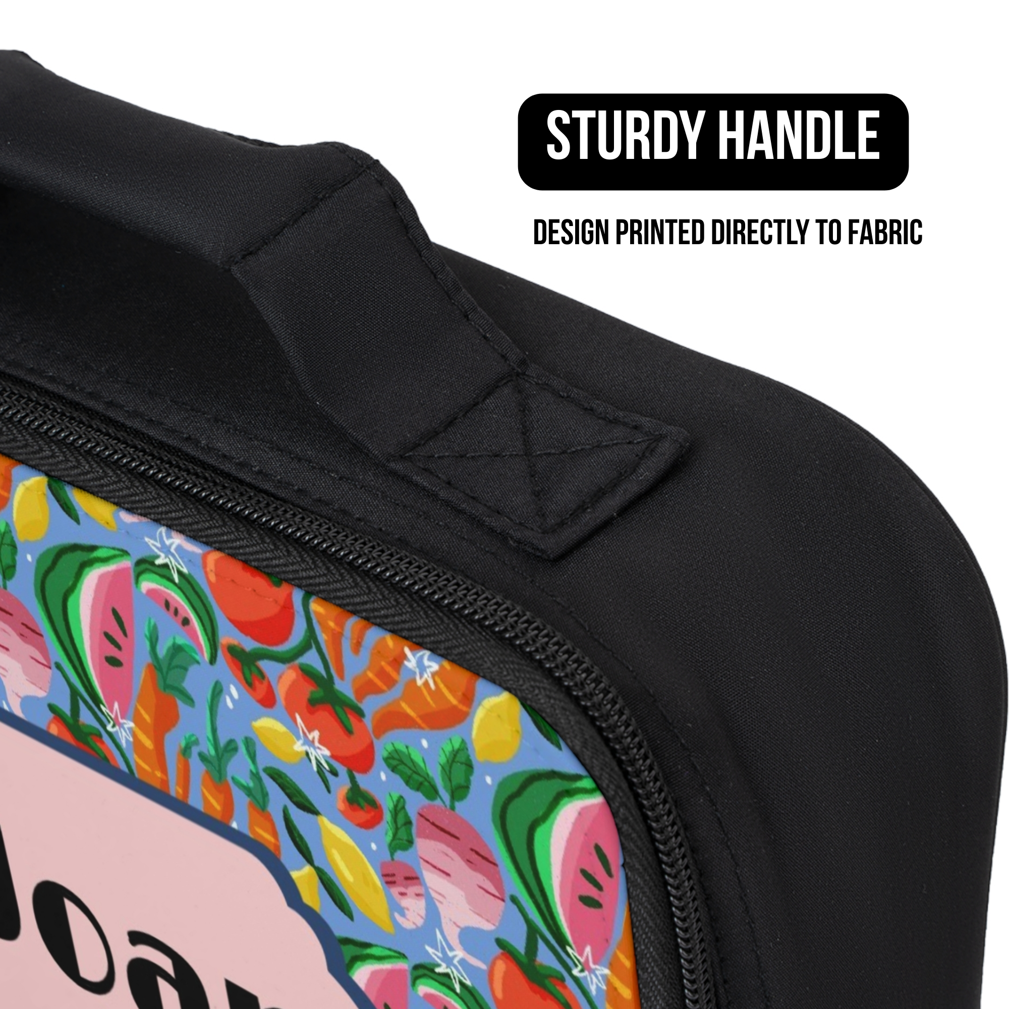 Black bag with colorful design and 'Sturdy Handle' text on a white background