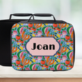 Colorful fruit patterned lunch bag with 'Joan' custom text on a white background
