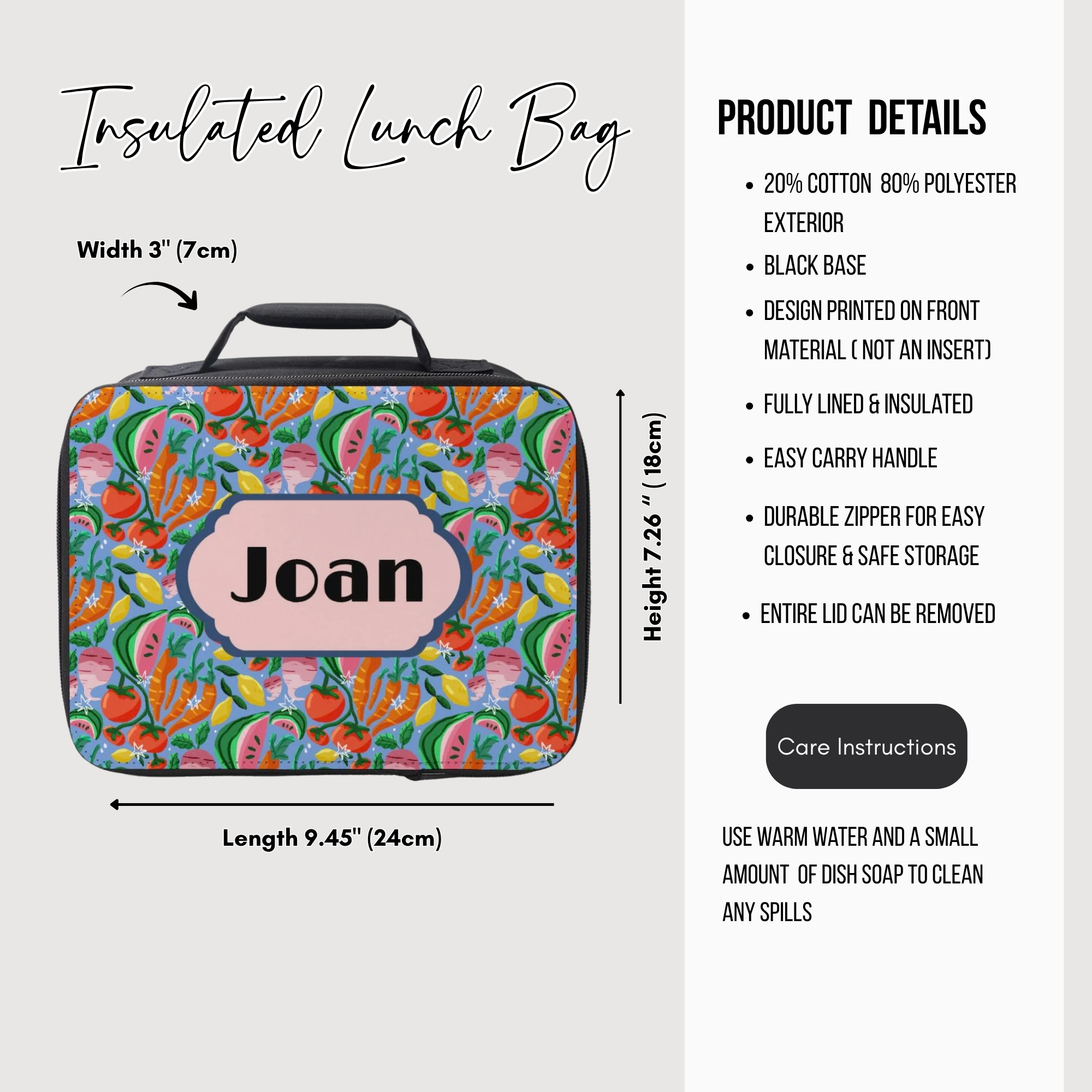 Insulated lunch bag with fruit pattern and 'Joan' custom name , featuring product details on a white background.