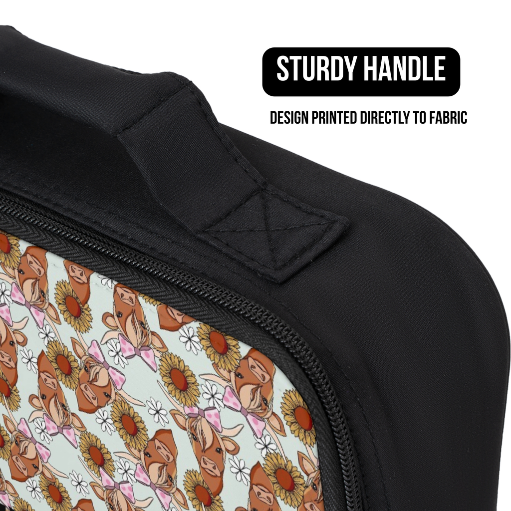 Black bag with a floral patterned handle and text indicating 'Sturdy Handle' and 'Design Printed Directly to Fabric'.