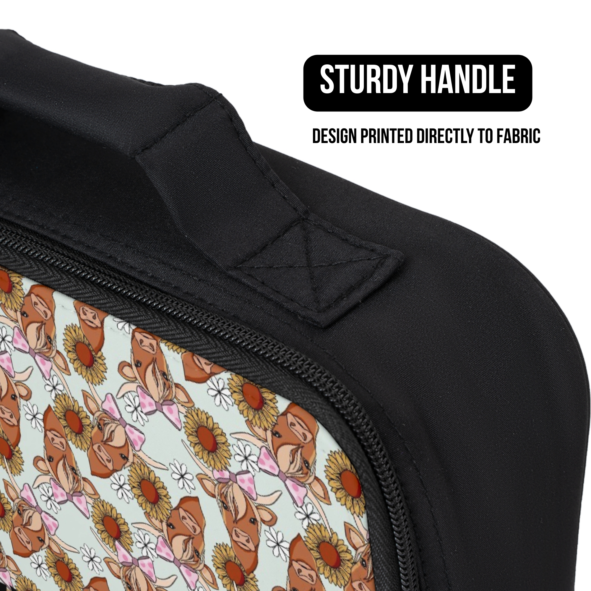 Black bag with a floral patterned handle and text indicating 'Sturdy Handle' and 'Design Printed Directly to Fabric'.