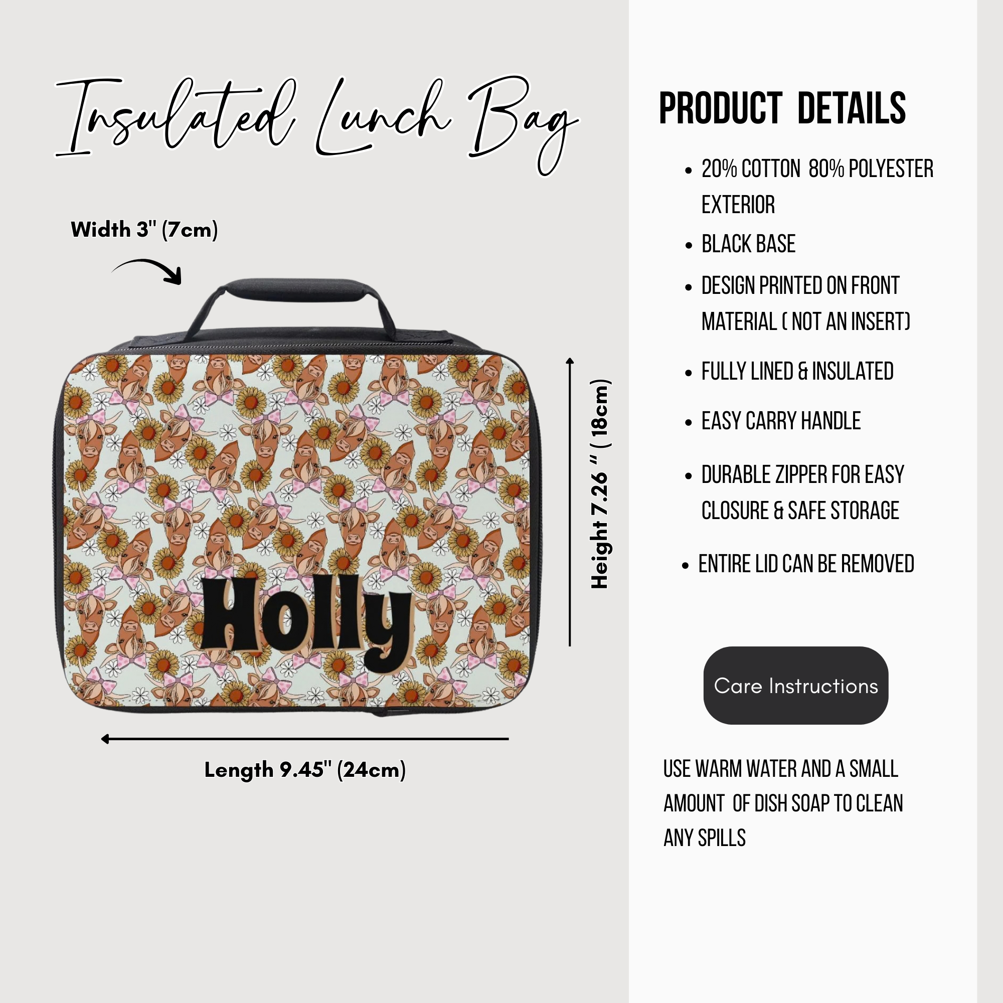 Insulated lunch bag with floral cow design and 'Holly' text, featuring product details on a white background.