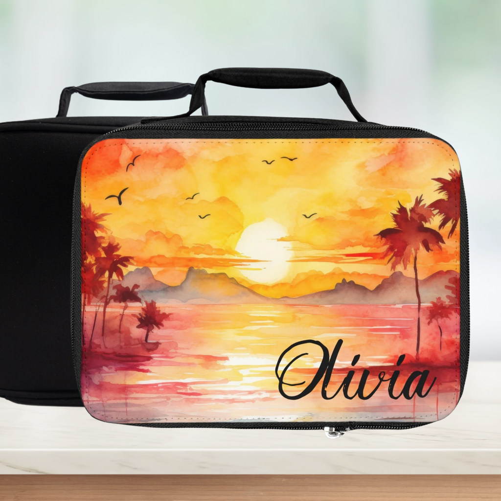 Personalized lunch bag with sunset design and name 'Olivia' on a blurred background