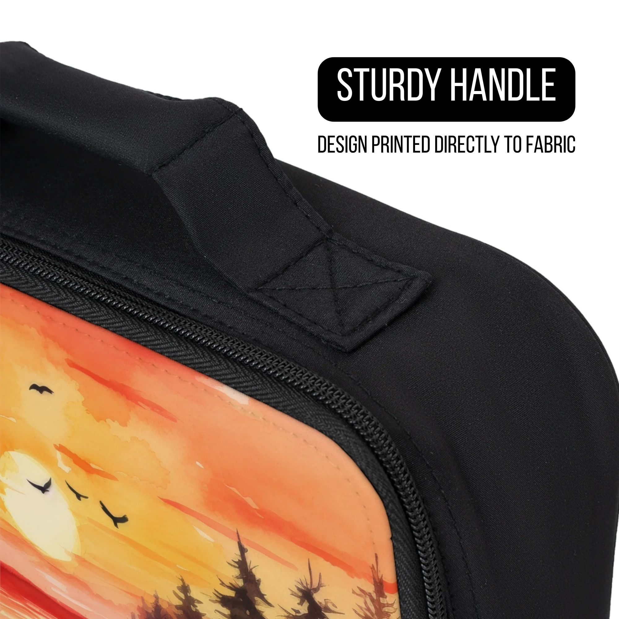 Black lunch bag with a sunset design and sturdy handle on a white background