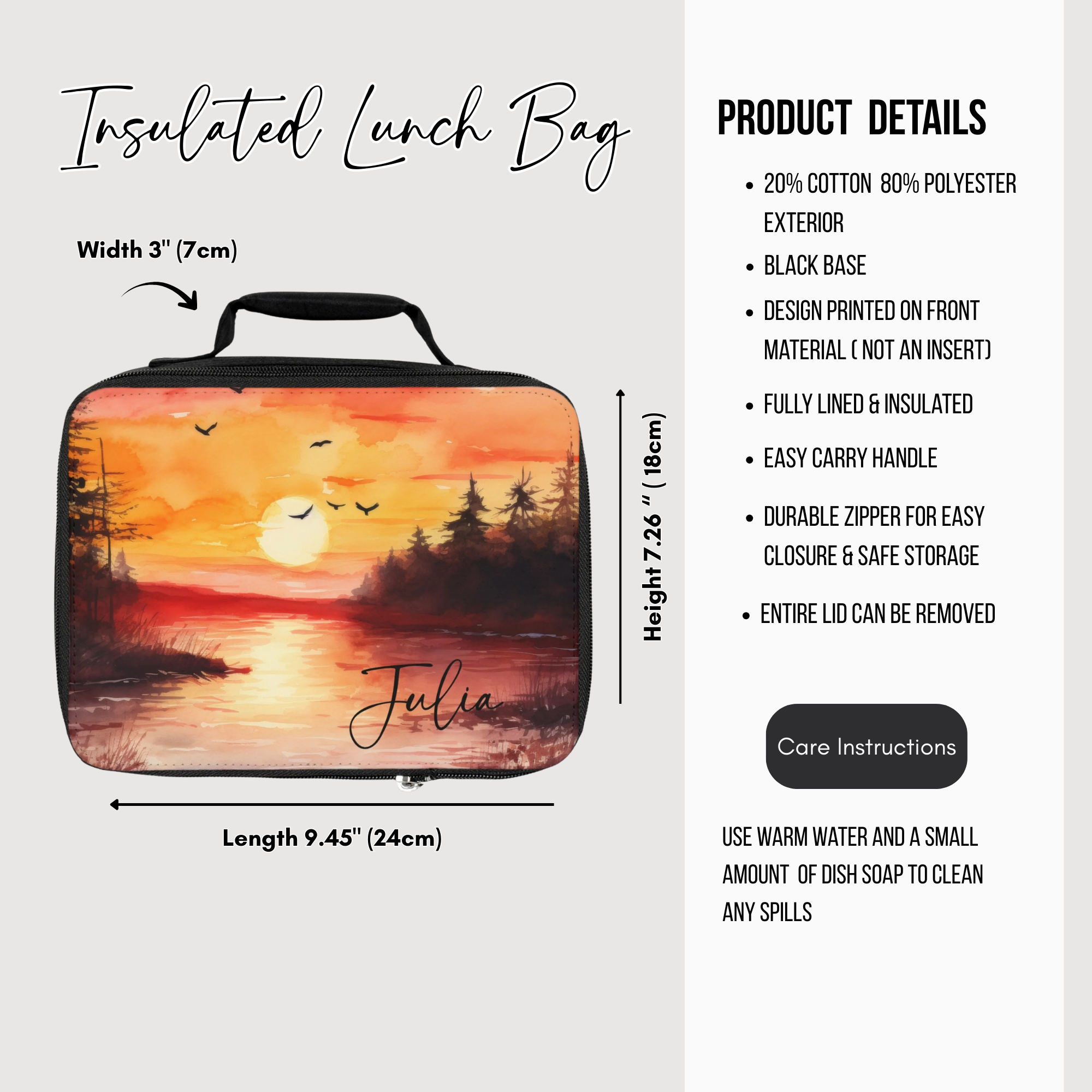 Insulated lunch bag with sunset design and dimensions on a white background
