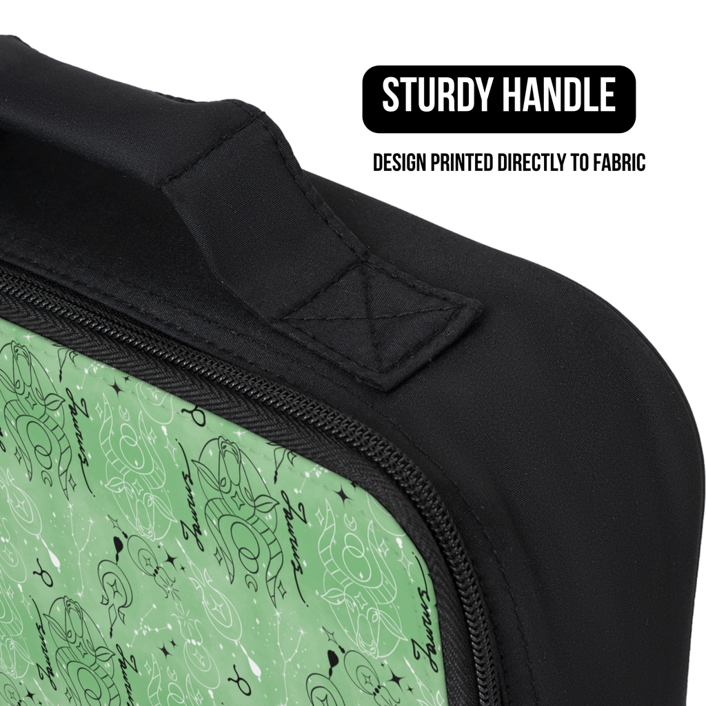 insulated lunch bag with black handle and Taurus zodiac pattern design printed directly to fabric, featuring text 'Sturdy Handle' and 'Design Printed Directly to Fabric'.