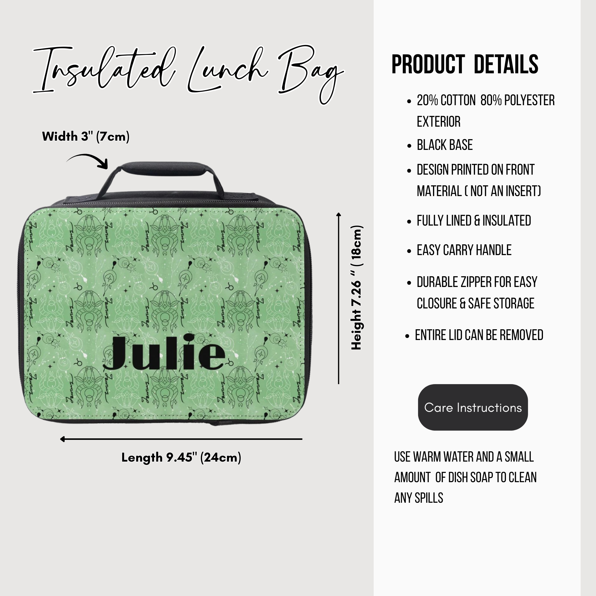 Green insulated lunch bag with 'Julie' printed on it, featuring product details on the right.