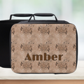Virgo zodiac patterned lunch bag with 'Amber' custom text on a neutral background