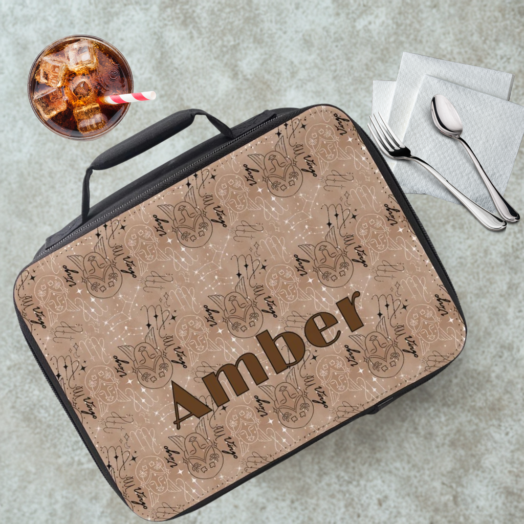  Virgo zodiac patterned insulated lunch bag with 'Amber' custom text on a cafeteria table with a drink and utensils.