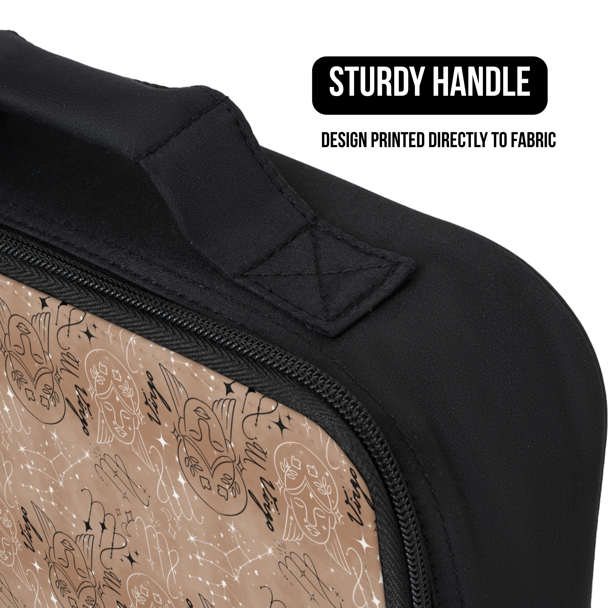 Black lunch bag with a Virgo zodiac pattern and text indicating 'Sturdy Handle' and 'Design Printed Directly to Fabric'.