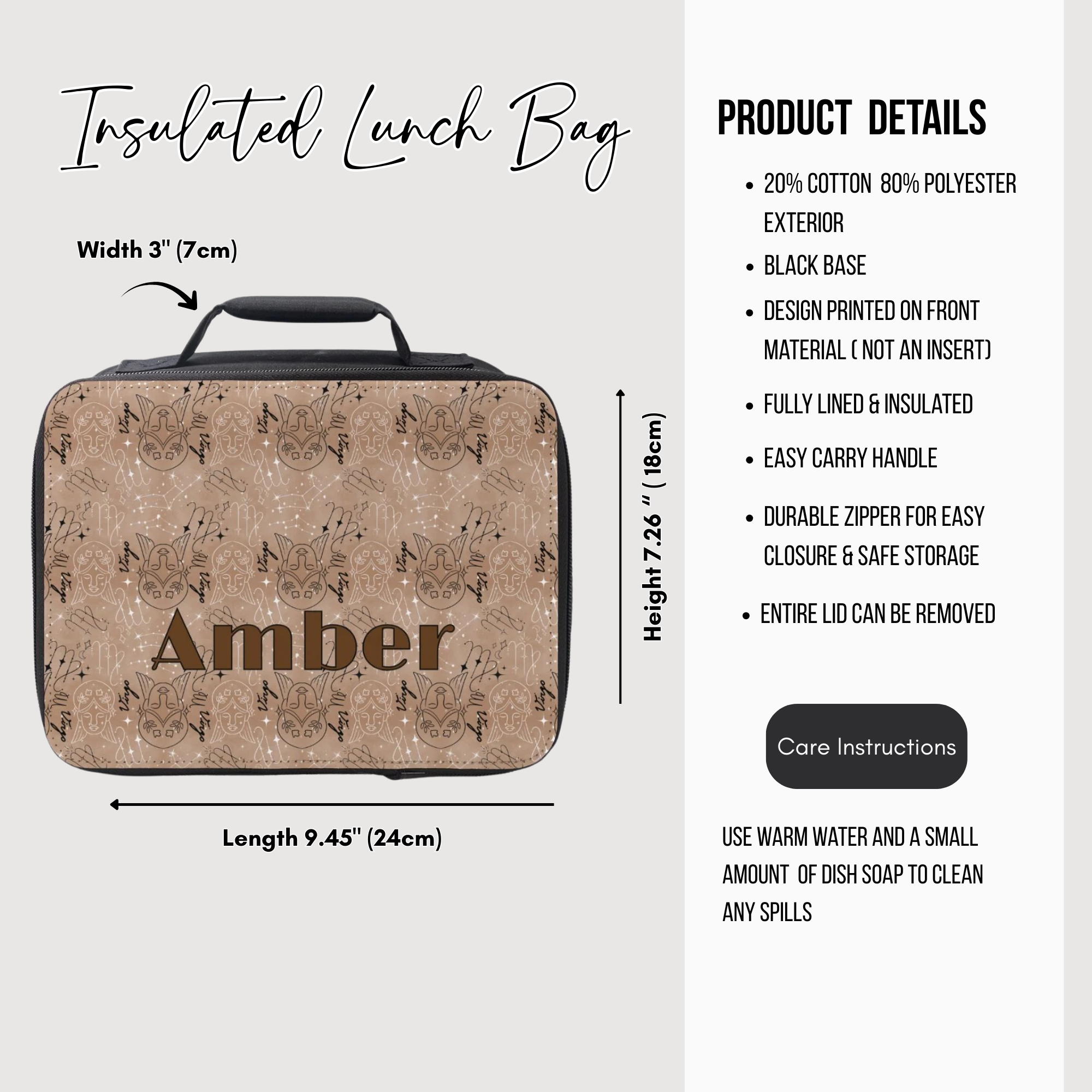 Insulated lunch bag with Virgo zodiac pattern and 'Amber' custom text, featuring product details on a white background.