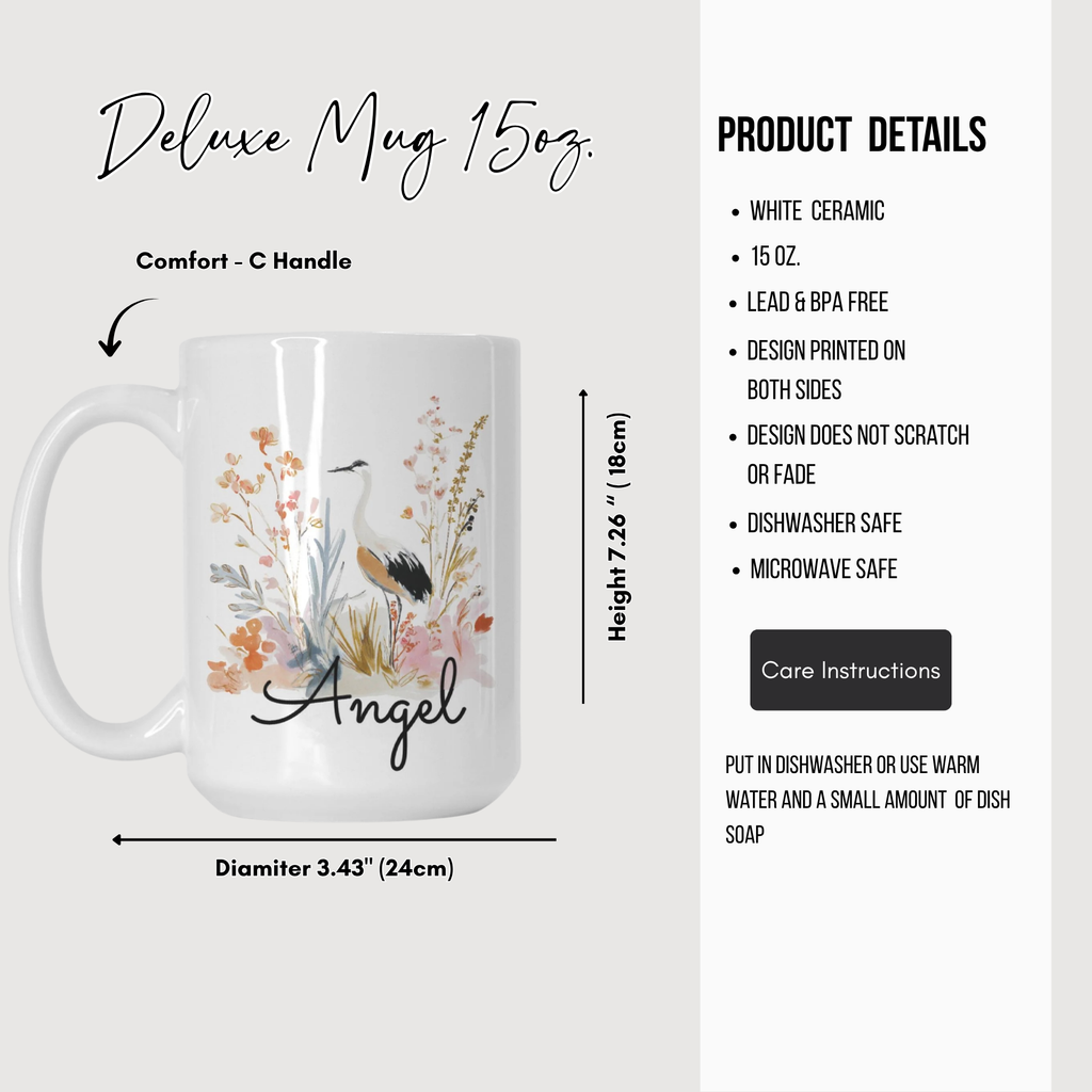 White ceramic mug with 'Angel' design and product details on a white background