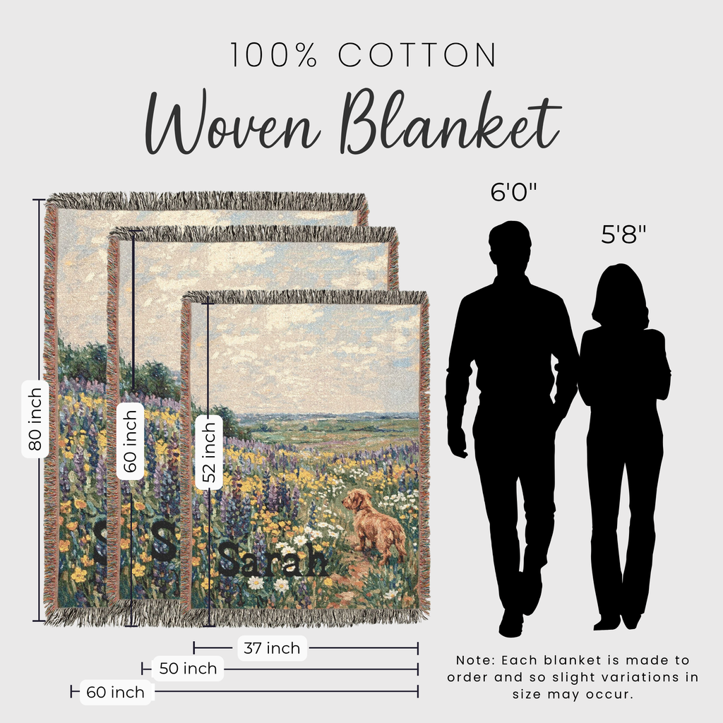 Woven blanket size chart showing three layered views of a 100% cotton woven blanket with a floral landscape print, including dimensions 80 inch, 60 inch, and 52 inch, alongside black silhouette figures indicating blanket lengths of 60 inches and 58 inches.