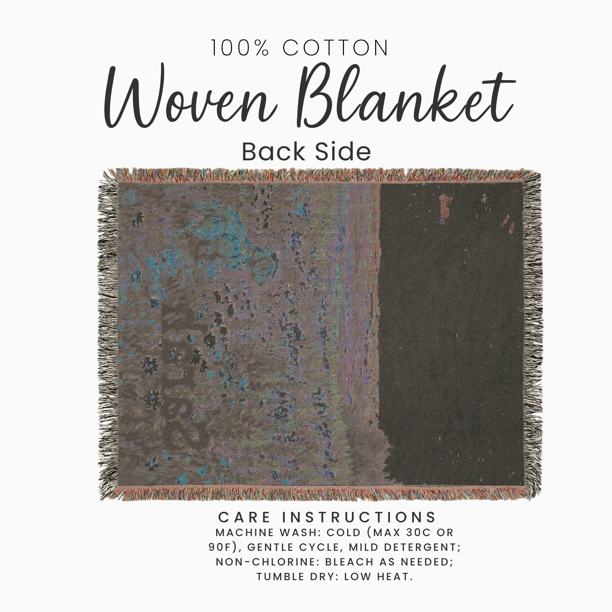 A woven cotton blanket shown from the back side on a white background, with text above reading '100% COTTON Woven Blanket Back Side' and care instructions below.