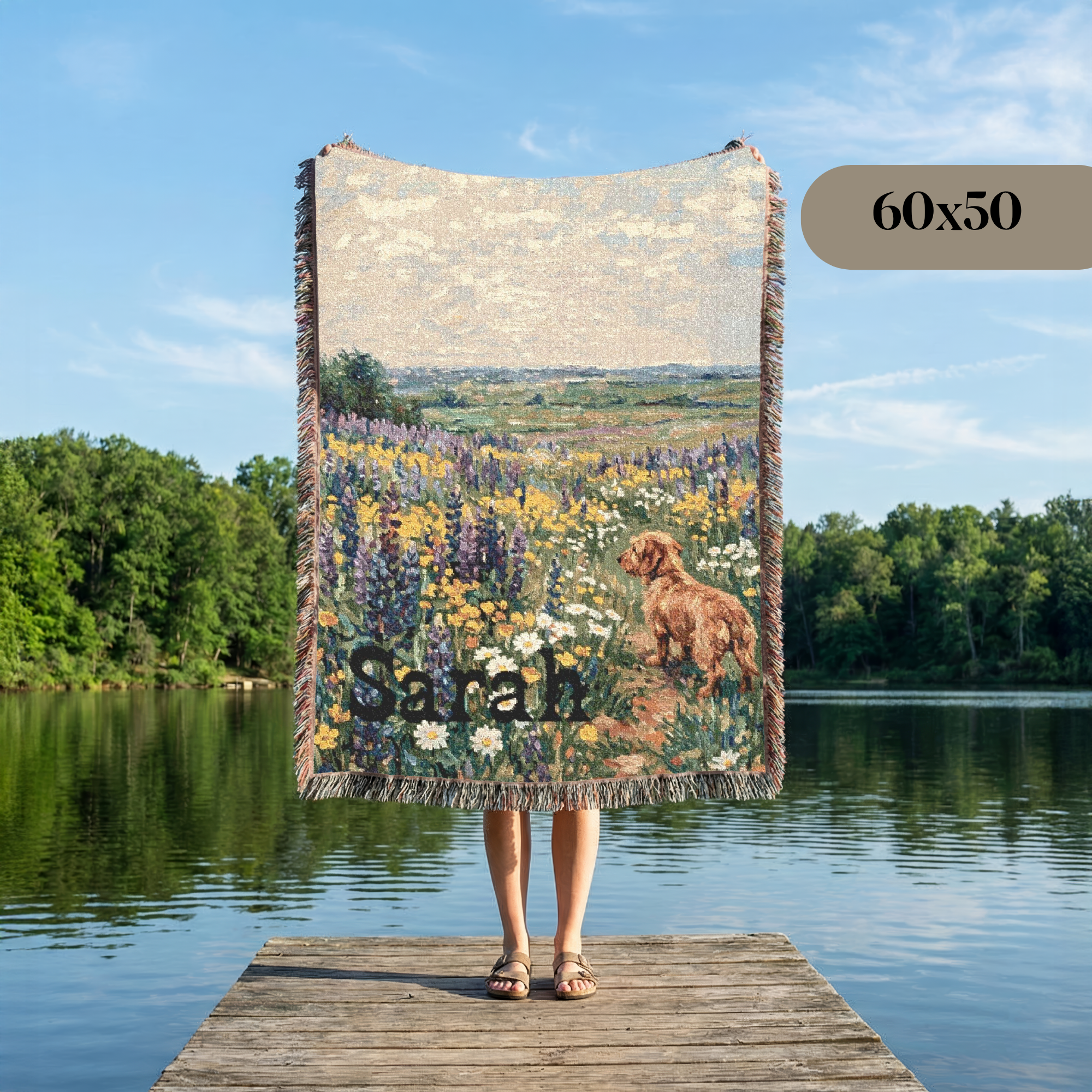 A large woven throw blanket with fringe edges is held up in front of a person standing on a wooden dock by a lake. The blanket features a scenic landscape print with a Westie dog, purple and yellow flowers, green fields, and a blue sky.