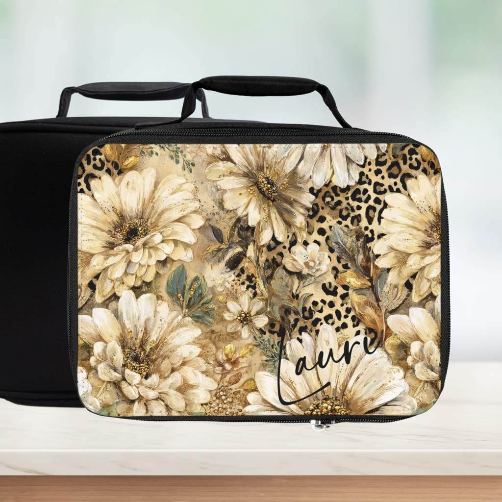  insulated lunch bag with floral and leopard print design on a white background