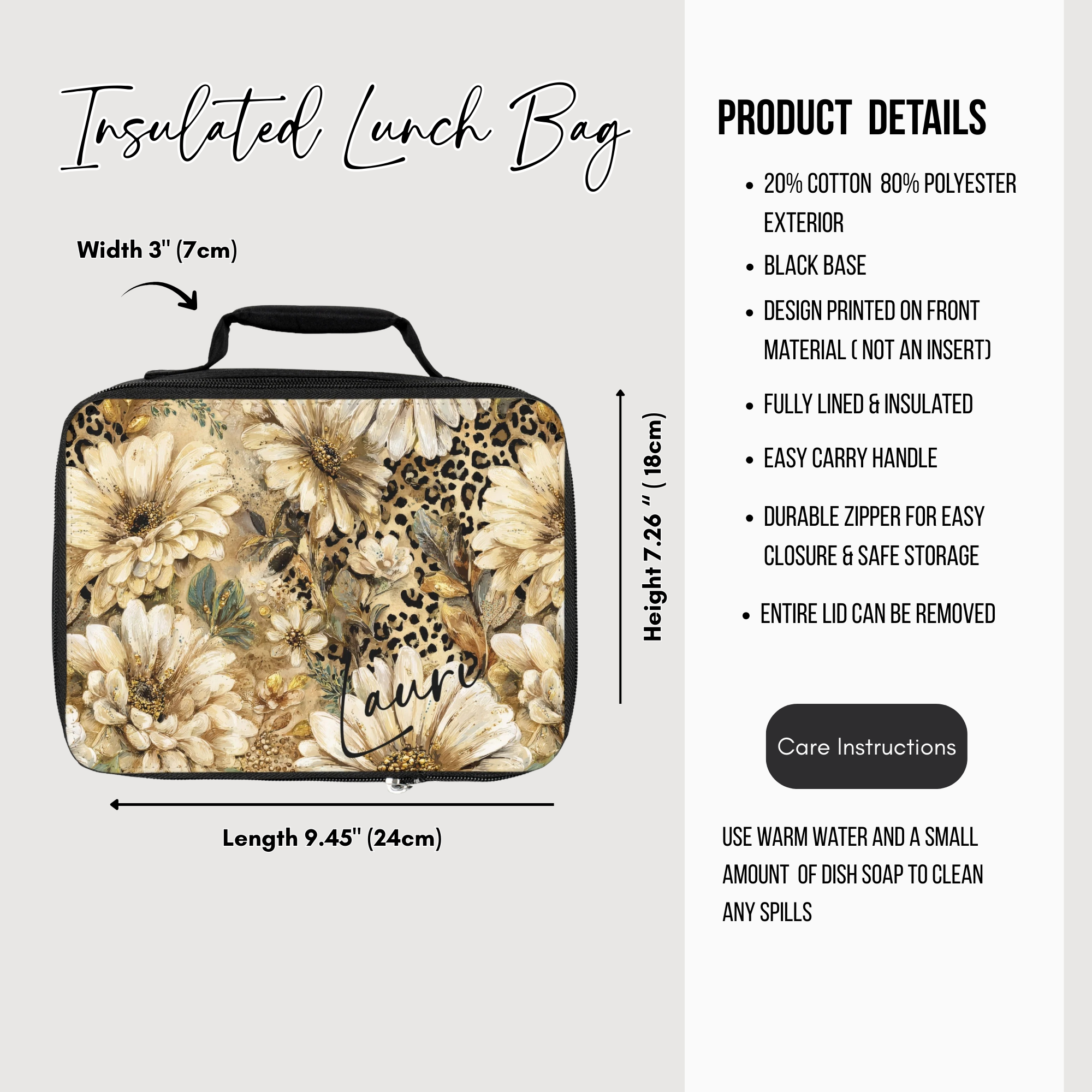Insulated lunch bag with floral and leopard print design, featuring dimensions and product details.