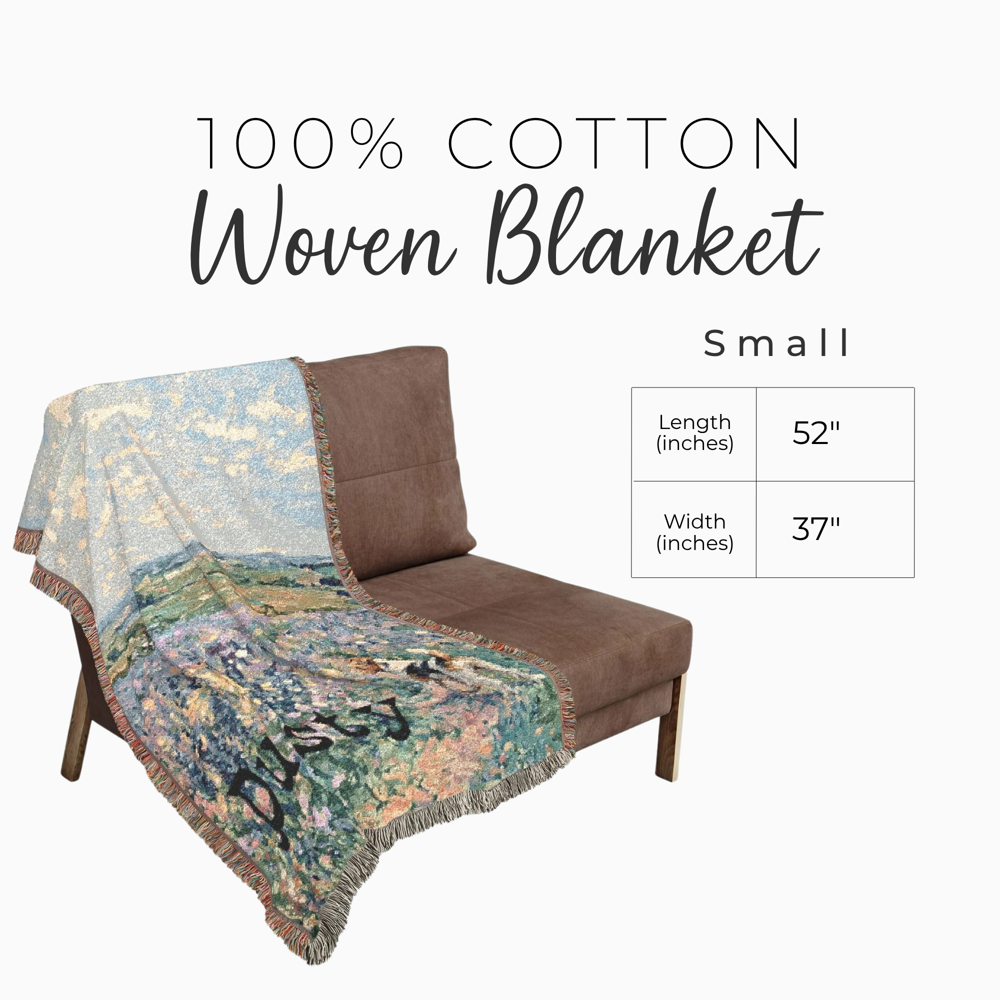 A small woven throw blanket with a landscape print is draped over a brown armchair on a white background. Text at the top reads '100% COTTON Woven Blanket' and 'Small,' with a size box showing length 52 inches and width 37 inches.