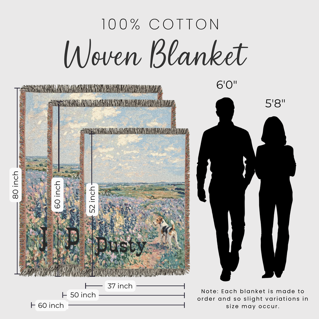 Three woven cotton blankets with a scenic landscape print are shown with size labels and silhouette figures indicating dimensions. Text at the top reads '100% COTTON Woven Blanket' and the blankets are labeled 80 inch, 60 inch, and 52 inch by width and 60 inch, 37 inch, and 60 inch by height.