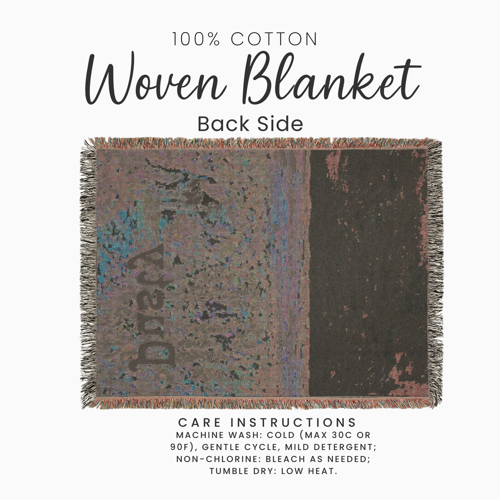 A woven cotton blanket shown from the back side on a white background, with text reading '100% Cotton Woven Blanket Back Side' and care instructions below.