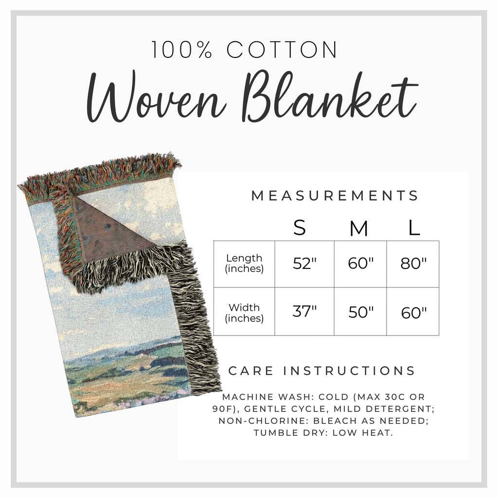 A product information graphic for a 100% cotton woven blanket. It features a photo of a multicolor landscape-patterned throw blanket with fringe on the left, alongside a sizing table for Small, Medium, and Large sizes, and care instructions on a clean white background.