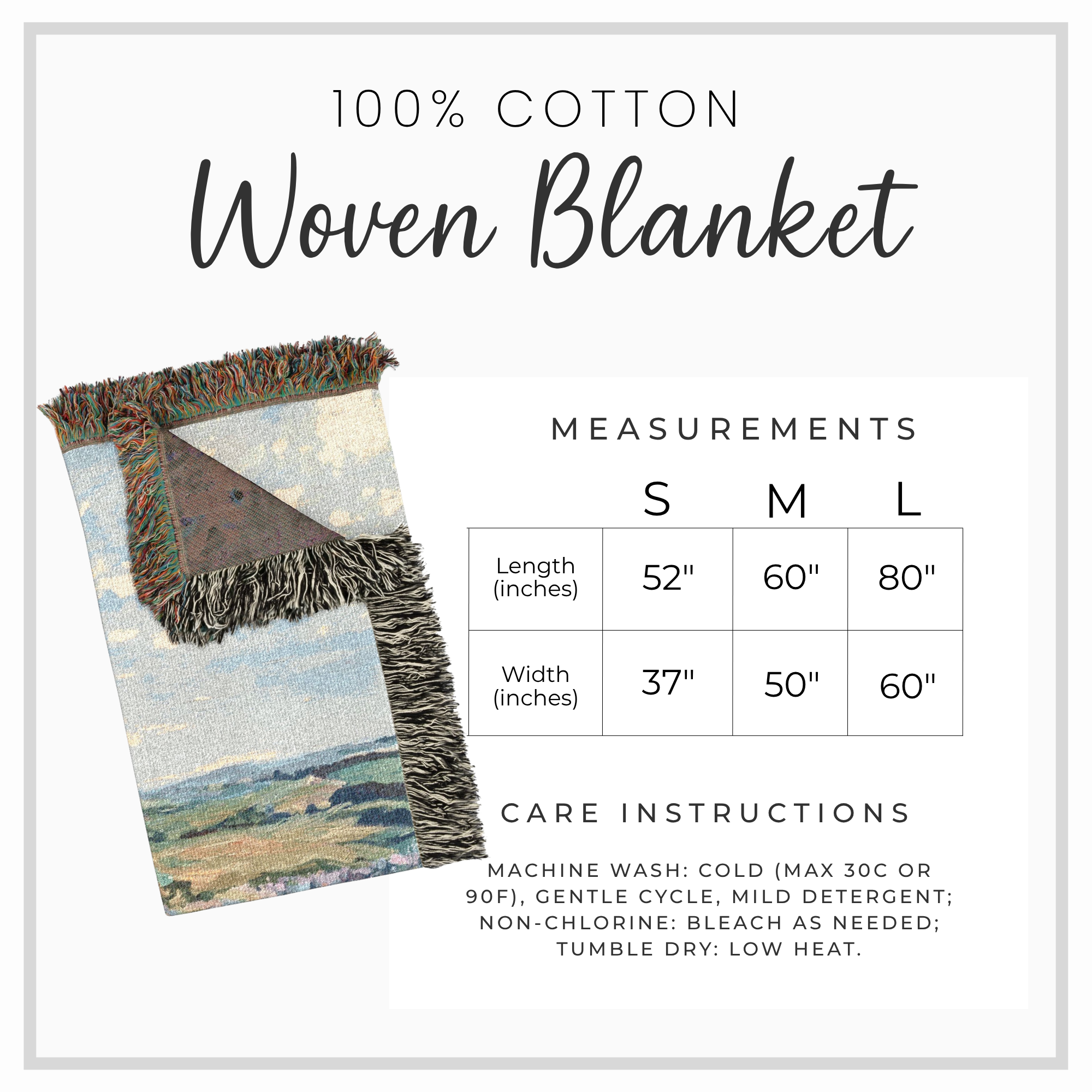 A product information graphic for a 100% cotton woven blanket. It features a photo of a multicolor landscape-patterned throw blanket with fringe on the left, alongside a sizing table for Small, Medium, and Large sizes, and care instructions on a clean white background.