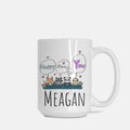 White mug with cartoon animals and personalized text on a white background