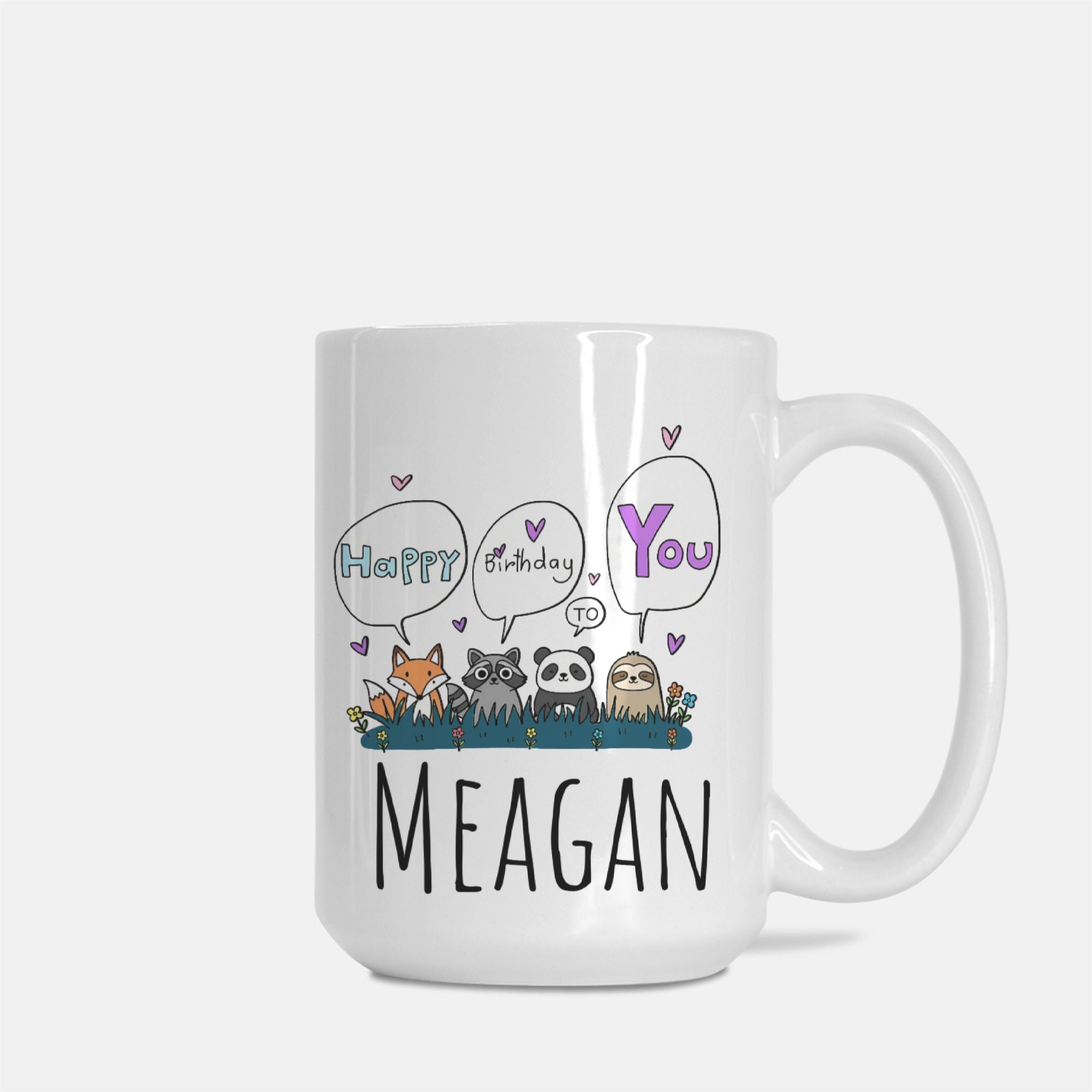 White mug with cartoon animals and personalized text on a white background