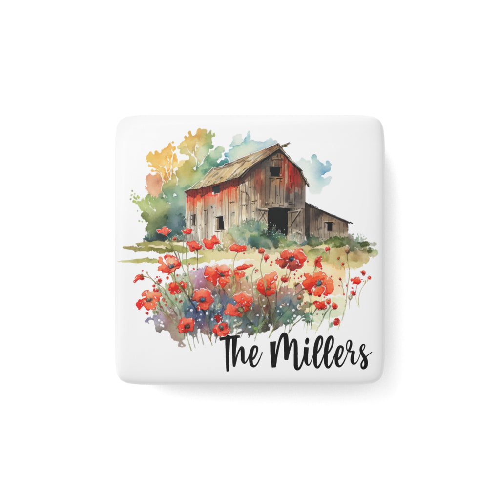 Personalized coaster with barn and flowers design and 'The Millers' text.