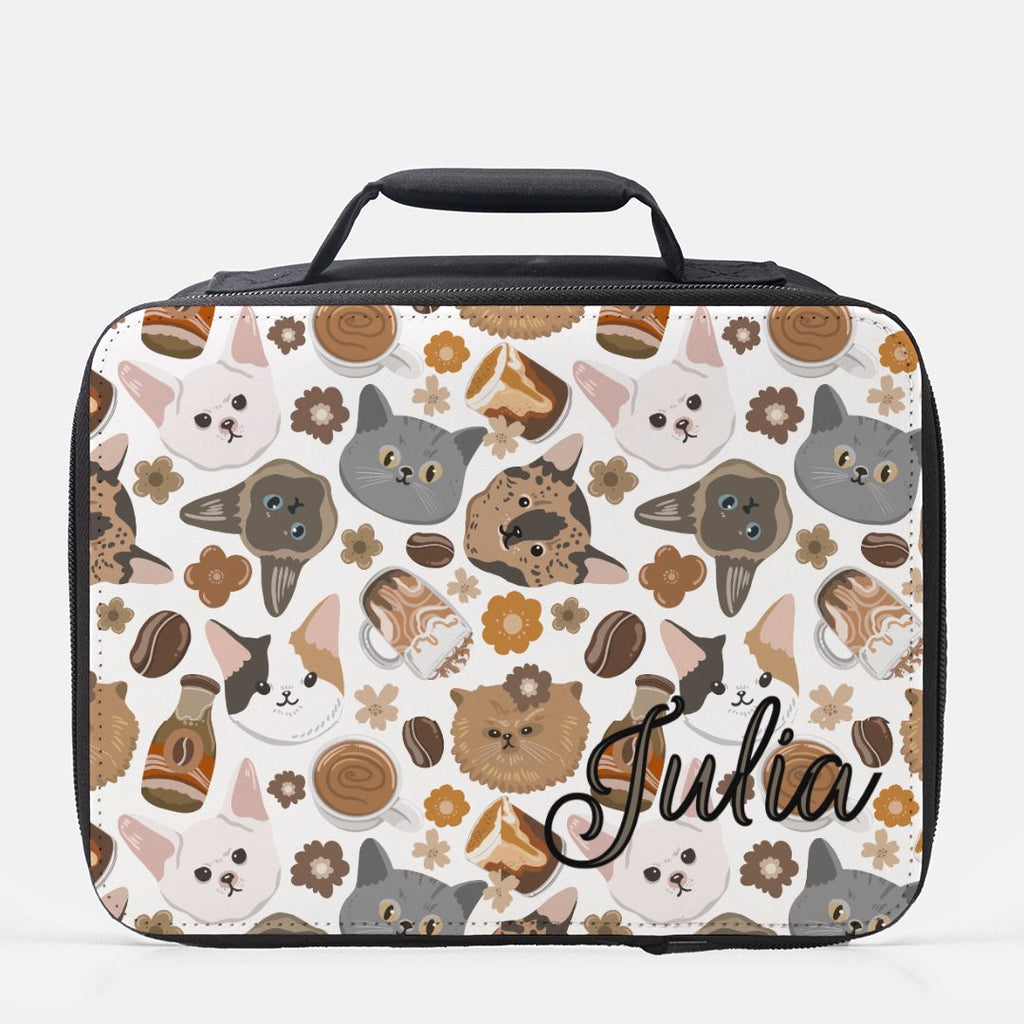 Lunch bag with cat pattern and 'Julia' branding on a white background
