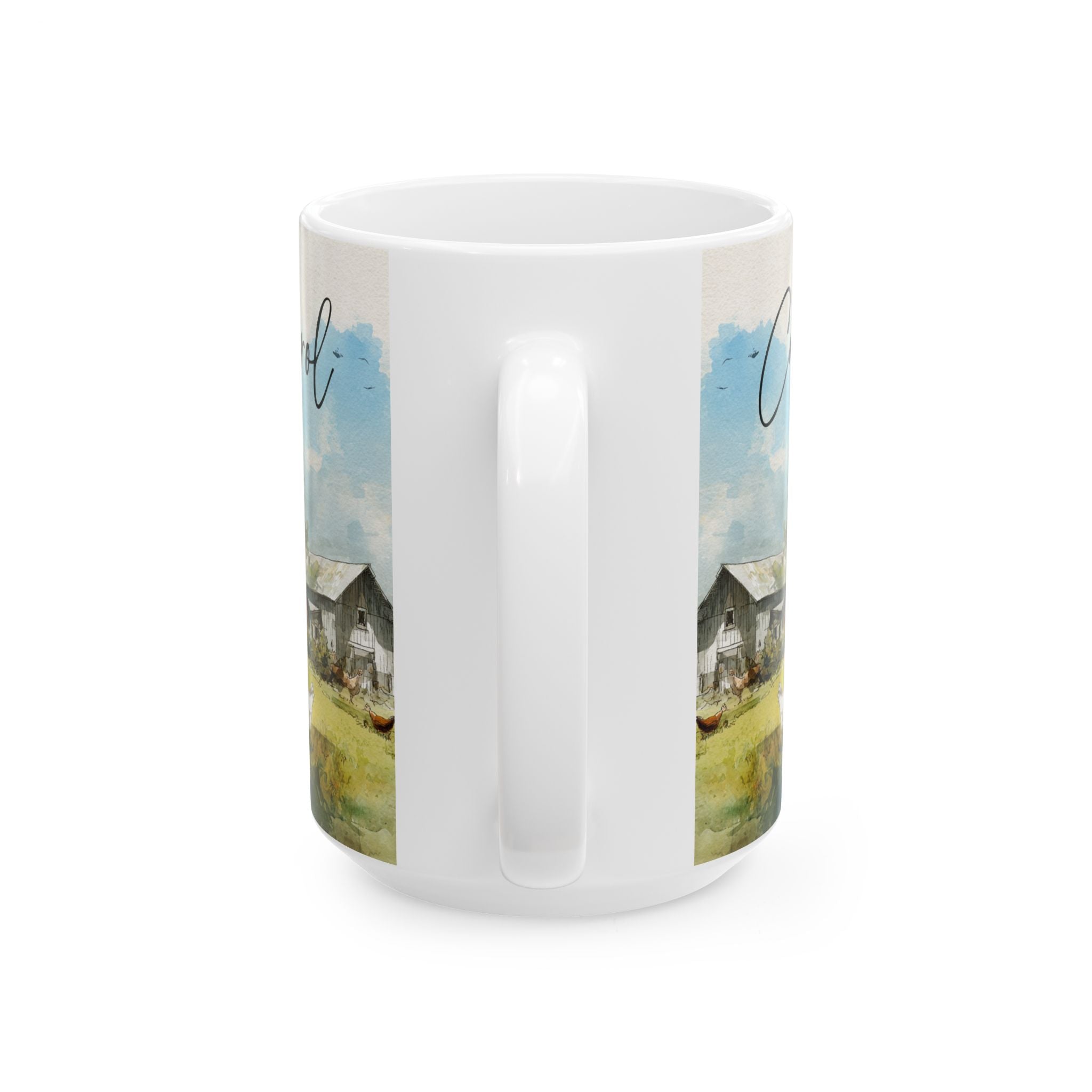 White mug with a scenic design of a house and trees on a white background