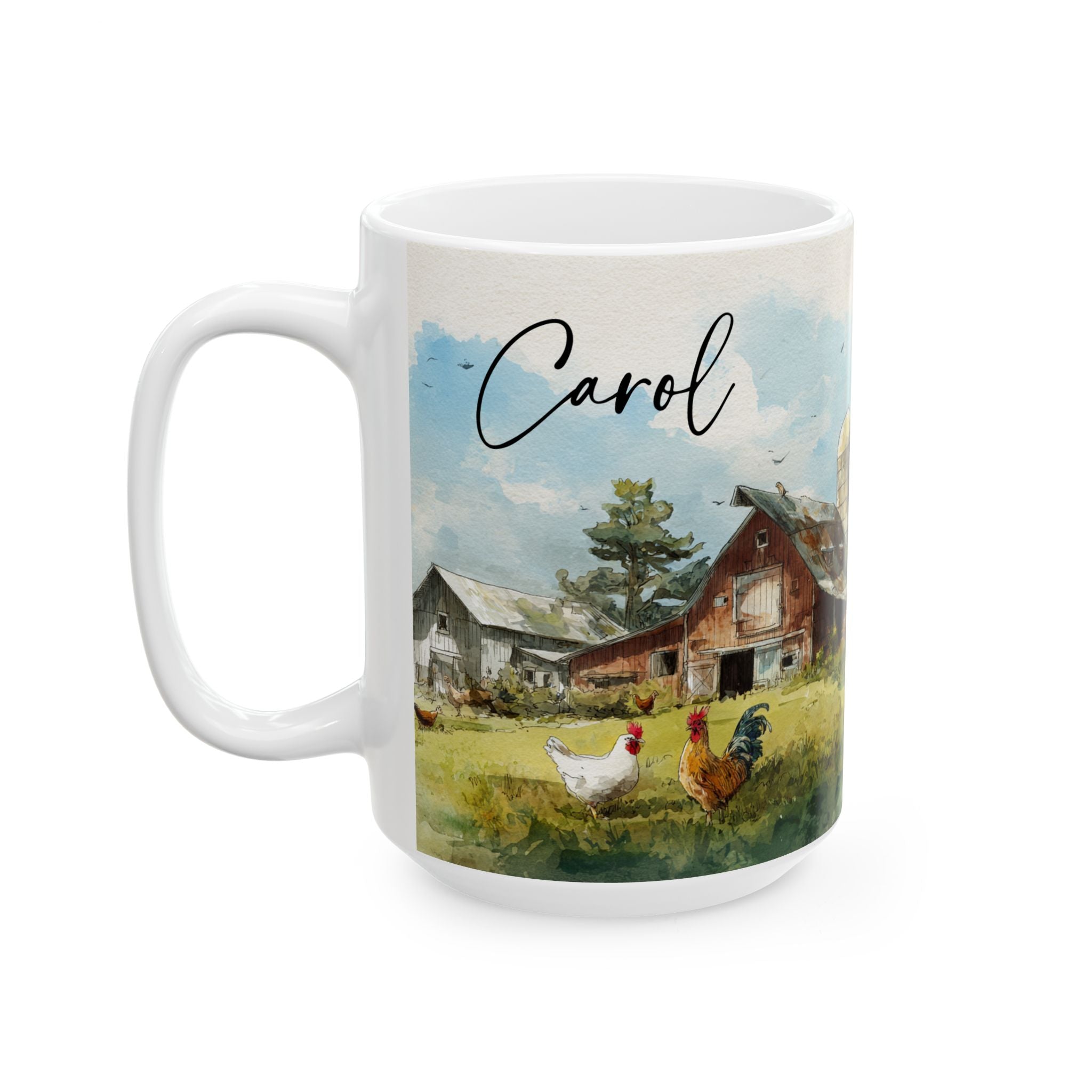 Mug with a farm scene and chickens, featuring the name 'Carol'.