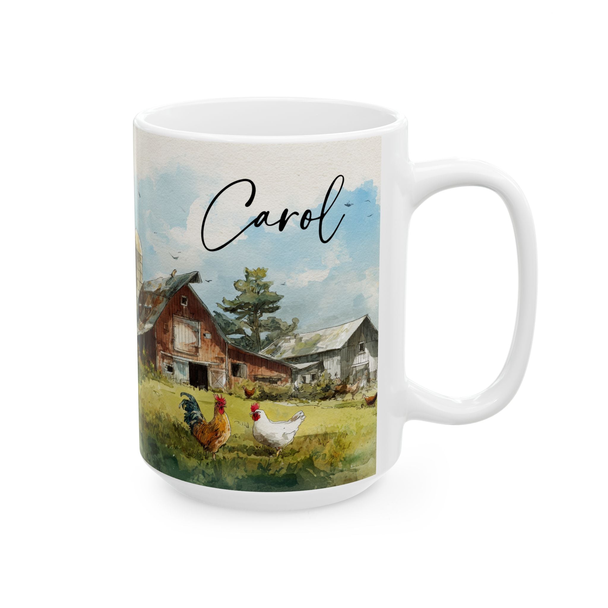 15oz white mug with a farm scene and the name 'Carol' on a white background