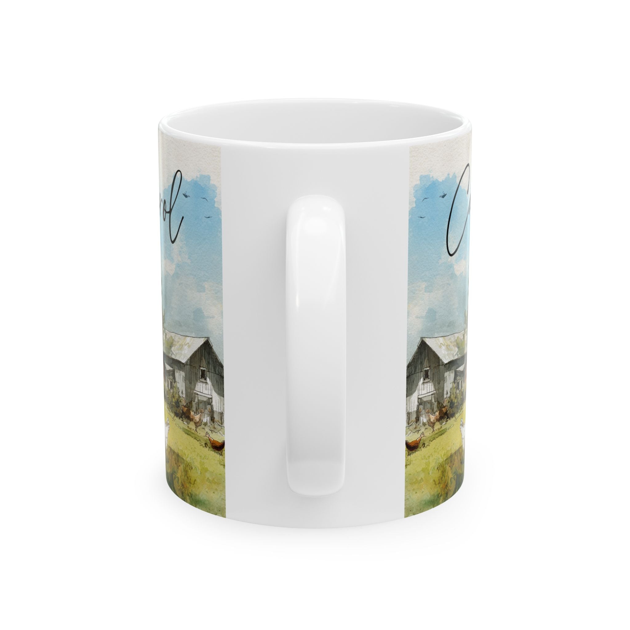 Mug with a scenic design of a field and buildings on a white background