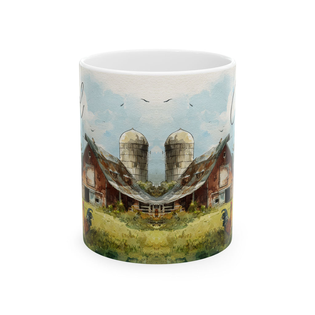 Ceramic mug with a rural scene of a barn and silos on a white background