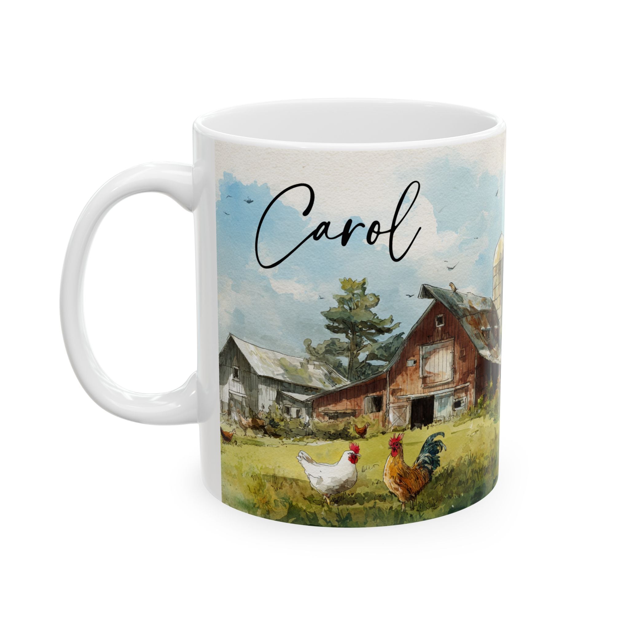 Mug with a farm scene and chickens, featuring the name 'Carol'.