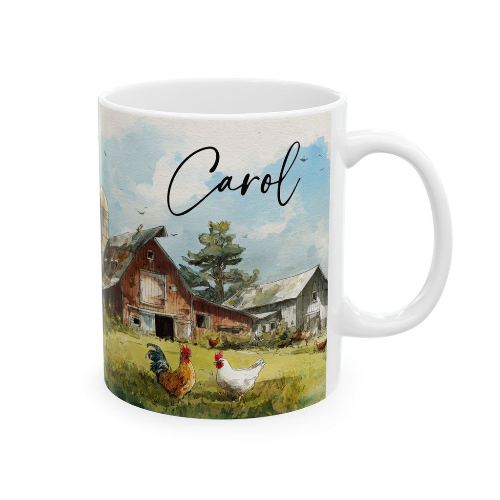 Mug with a farm scene and 'Carol' text on a white background
