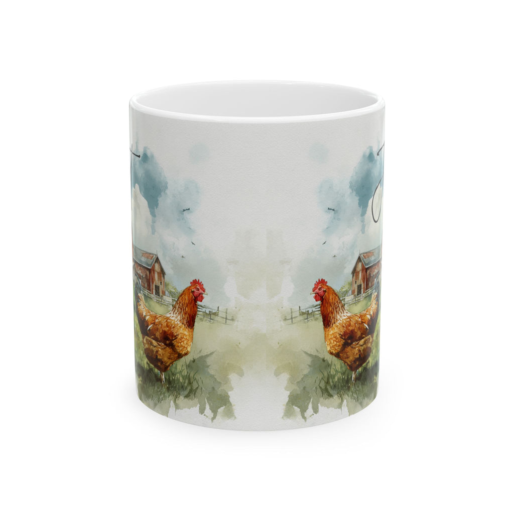 Mug with a design of two roosters and a barn on a white background