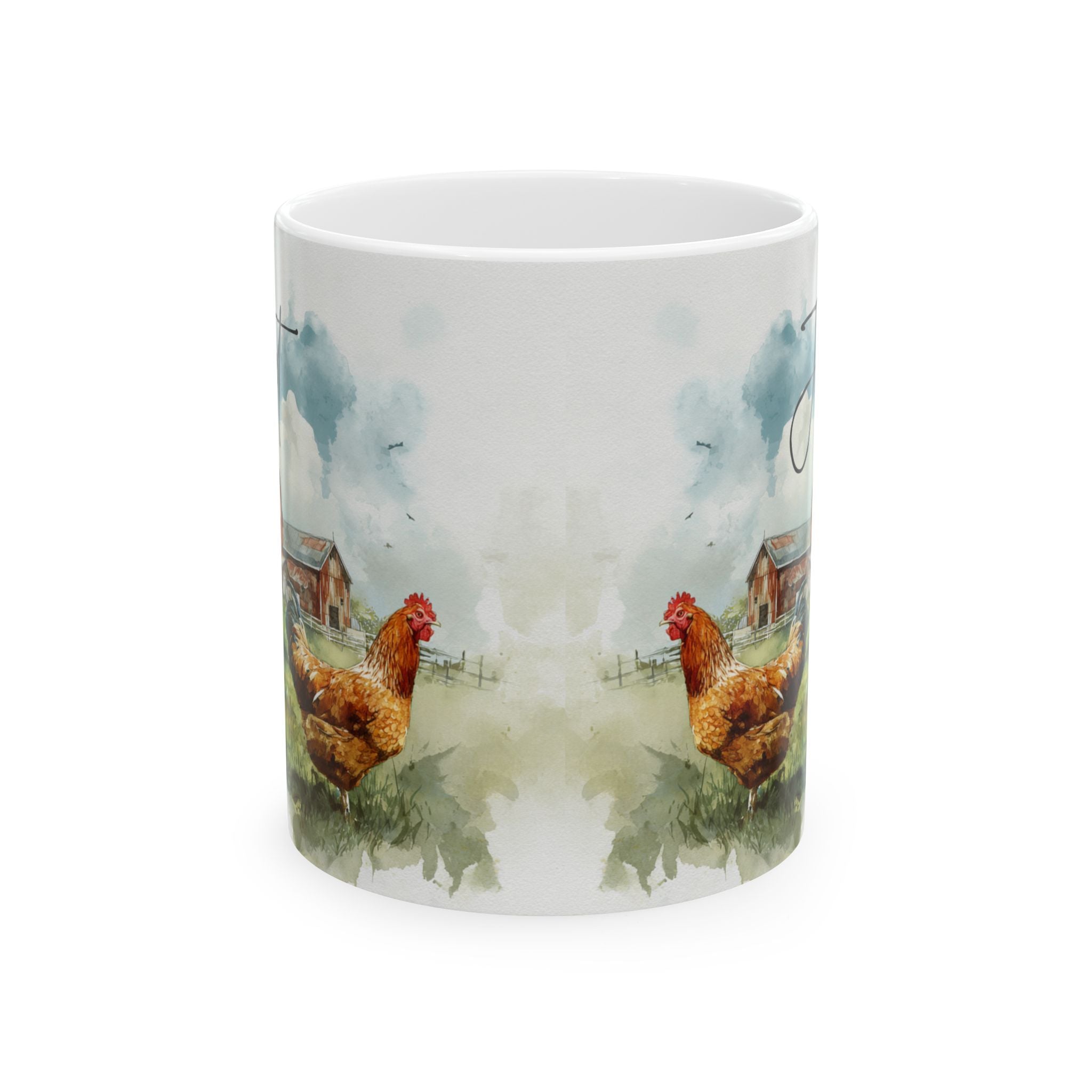 Mug with a design of two roosters and a barn on a white background