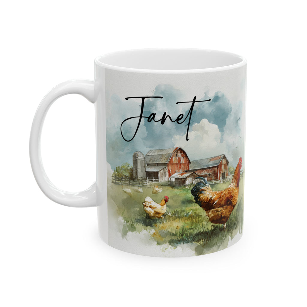 Mug with a farm scene and the name 'Janet' printed on it