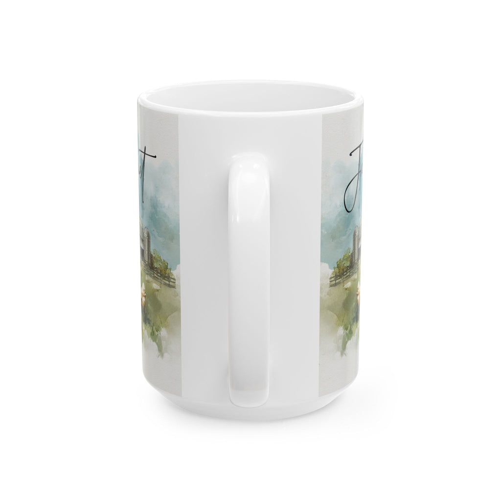 White mug with scenic design on a white background