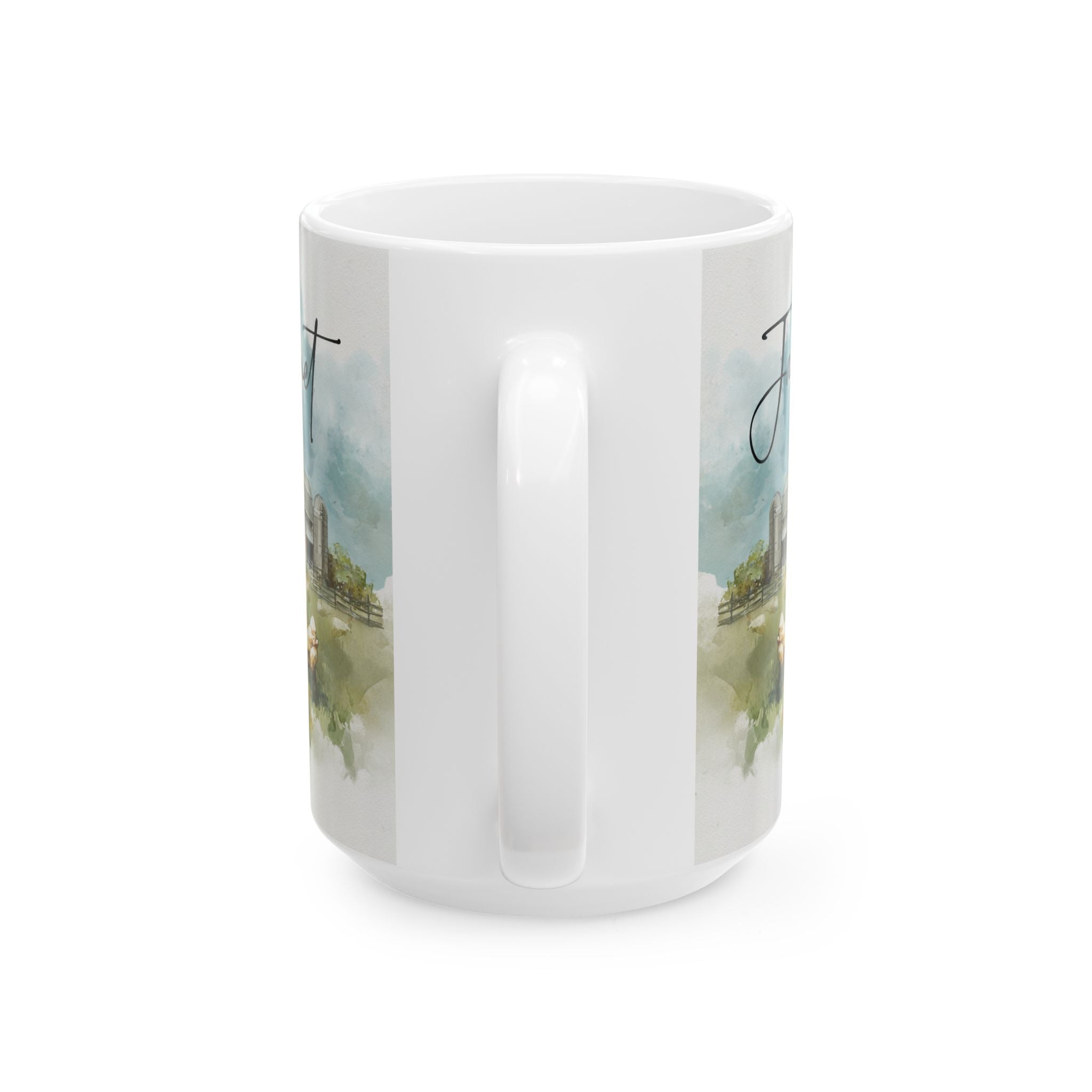 White mug with scenic design on a white background